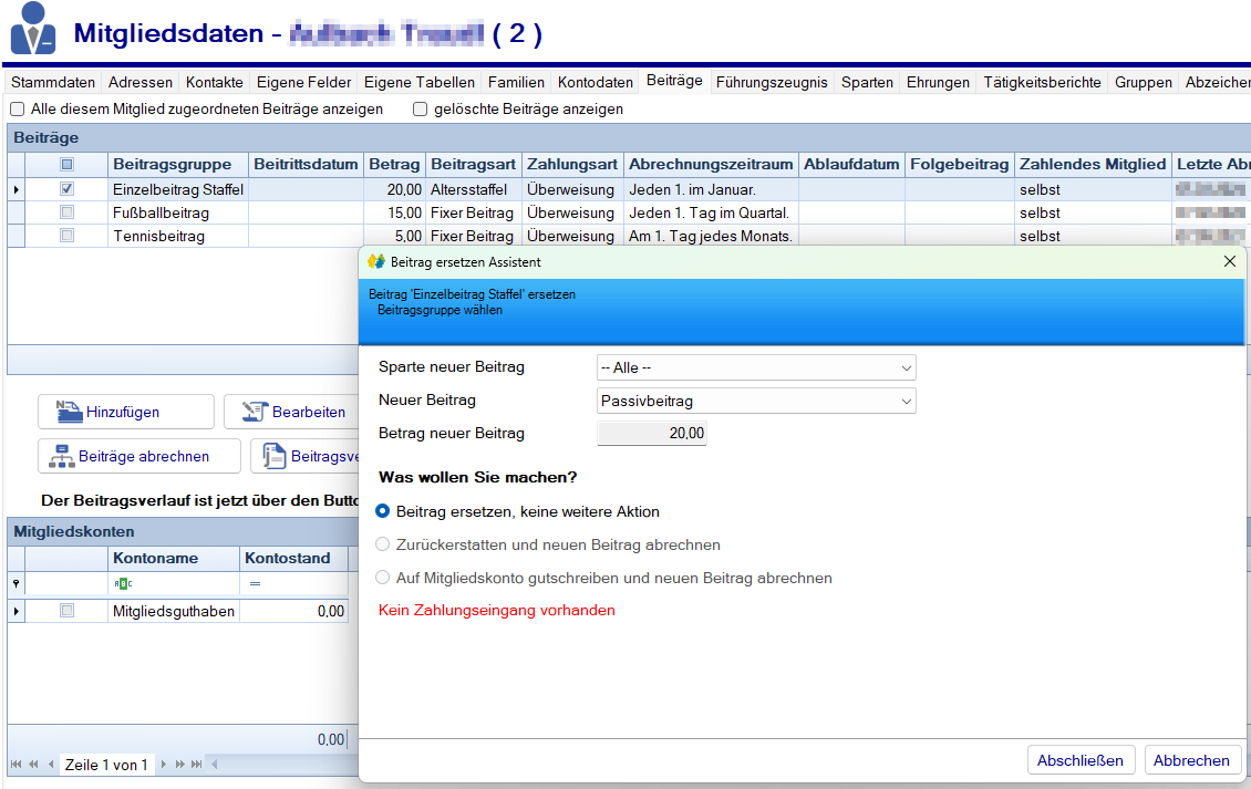 Mitgliedsdaten / Beitragsassistent / Ersetzen Mitgliedsdaten / Beitragsassistent / Ersetzen