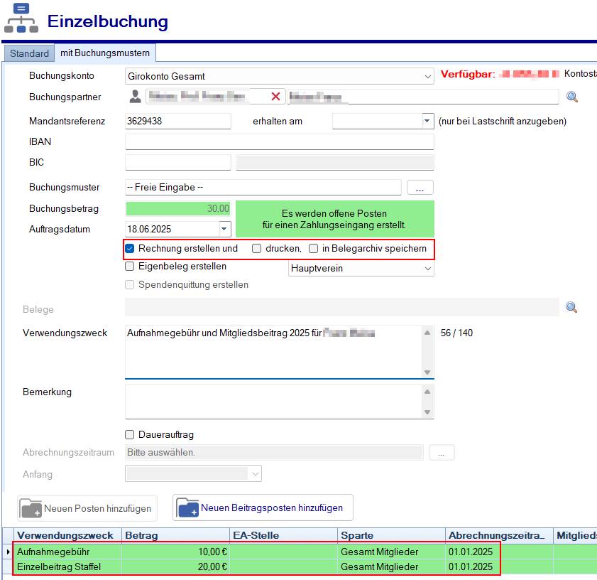 Mitgliedsdaten / Beitrag abrechnen - Einzelbuchung Mitgliedsdaten / Beitrag abrechnen - Einzelbuchung