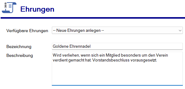 Verein / Ehrungen neu erfassen Verein / Ehrungen neu erfassen
